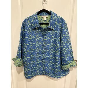 Elana By Tanner Blue / Green Cotton Silk Floral Pattern Jacket Size 24 Luxurious